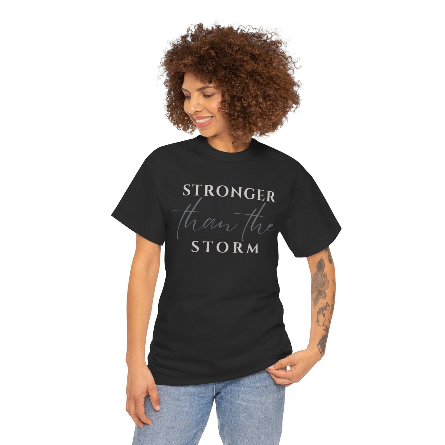 Stronger Than The Storm with Cross On Back Cotton Tee