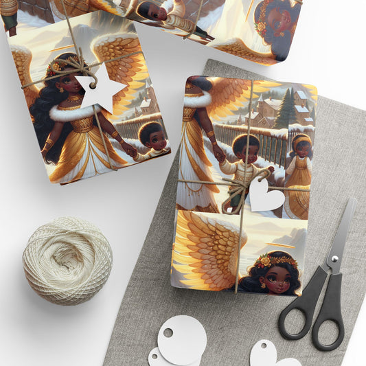 Christmas Wrapping Paper Rolls - Traditional Holiday Gift Wrap Paper - Gold Angel