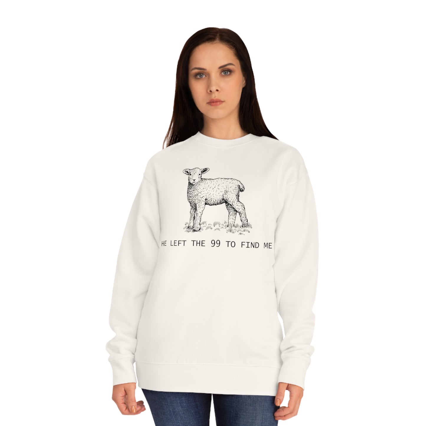 He Left The 99 To Find Me Lamb Christian Round Neck Fleece Printed Crew Sweatshirt